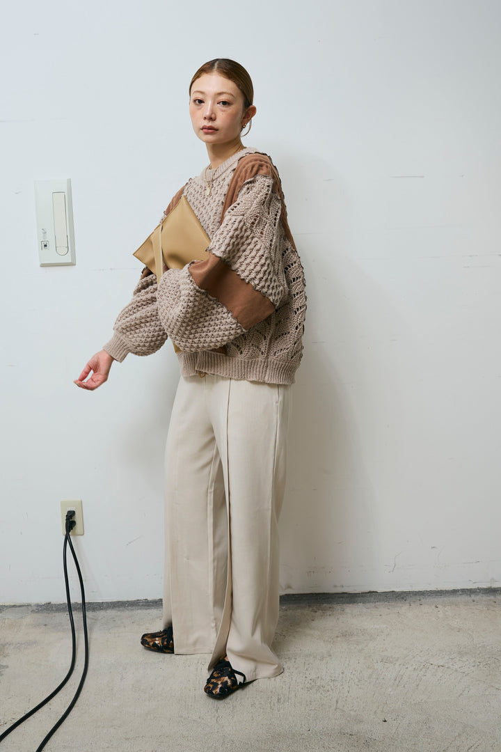 [予約/SET]メロー袖ボリューム配色ニット+センタースリットパンツ(2set)