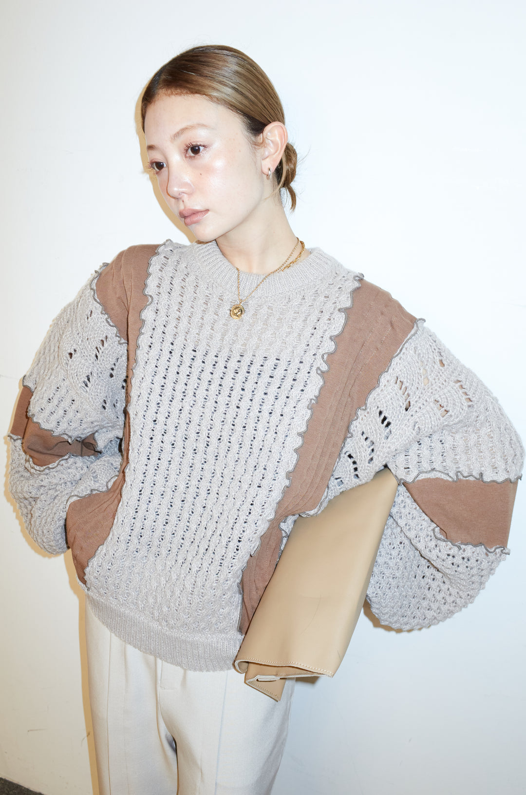 [予約/SET]メロー袖ボリューム配色ニット+センタースリットパンツ(2set)