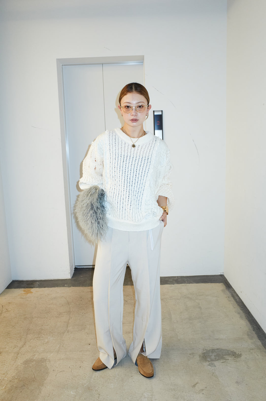 [予約/SET]メロー袖ボリューム配色ニット+センタースリットパンツ(2set)