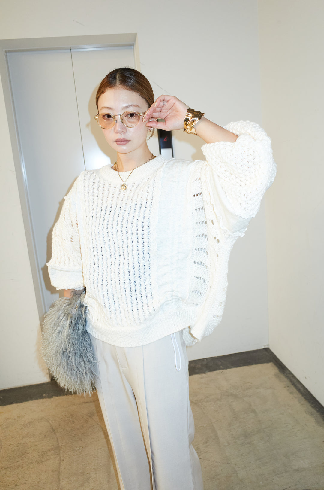 [予約/SET]メロー袖ボリューム配色ニット+センタースリットパンツ(2set)