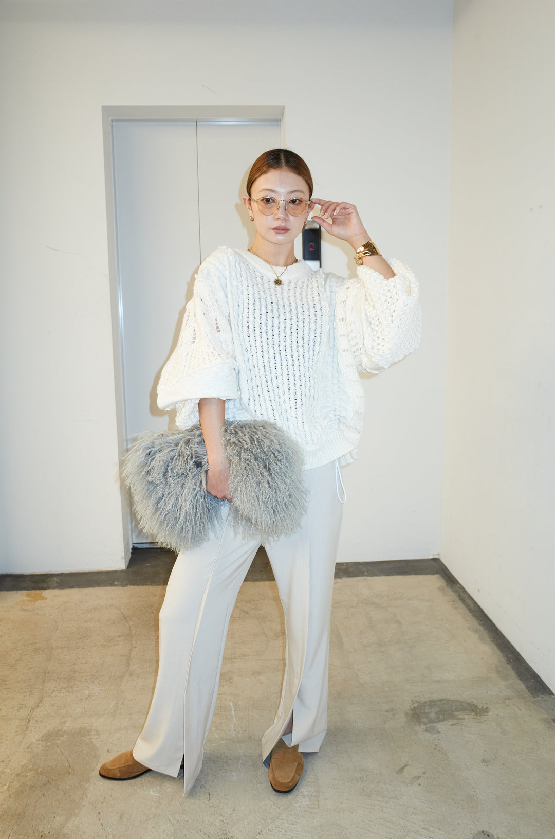 [予約/SET]メロー袖ボリューム配色ニット+センタースリットパンツ(2set)