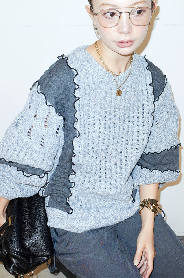 [予約/SET]メロー袖ボリューム配色ニット+センタースリットパンツ(2set)