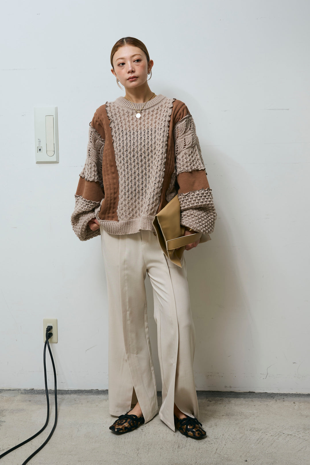 [予約/SET]メロー袖ボリューム配色ニット+センタースリットパンツ(2set)