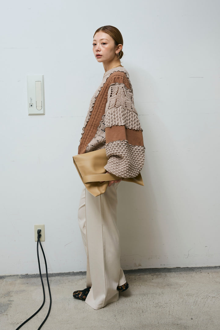 [予約/SET]メロー袖ボリューム配色ニット+センタースリットパンツ(2set)