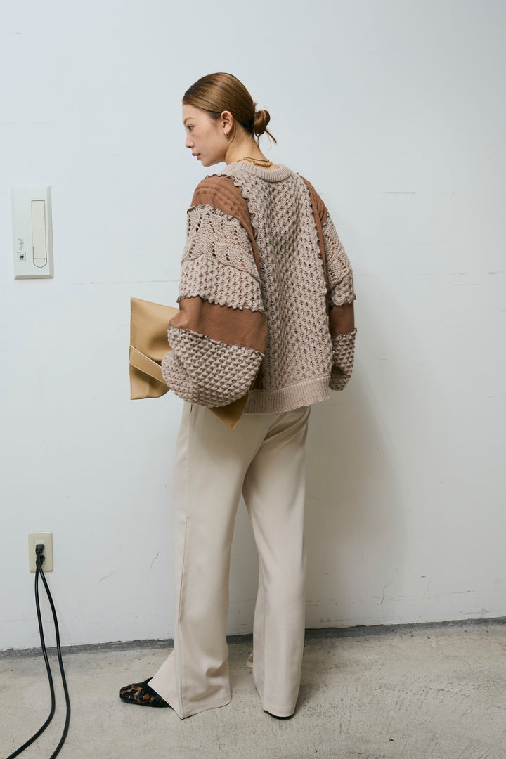 [予約/SET]メロー袖ボリューム配色ニット+センタースリットパンツ(2set)