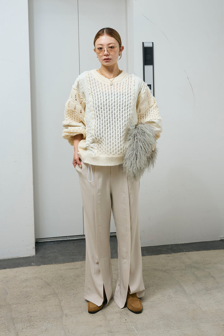 [予約/SET]メロー袖ボリューム配色ニット+センタースリットパンツ(2set)