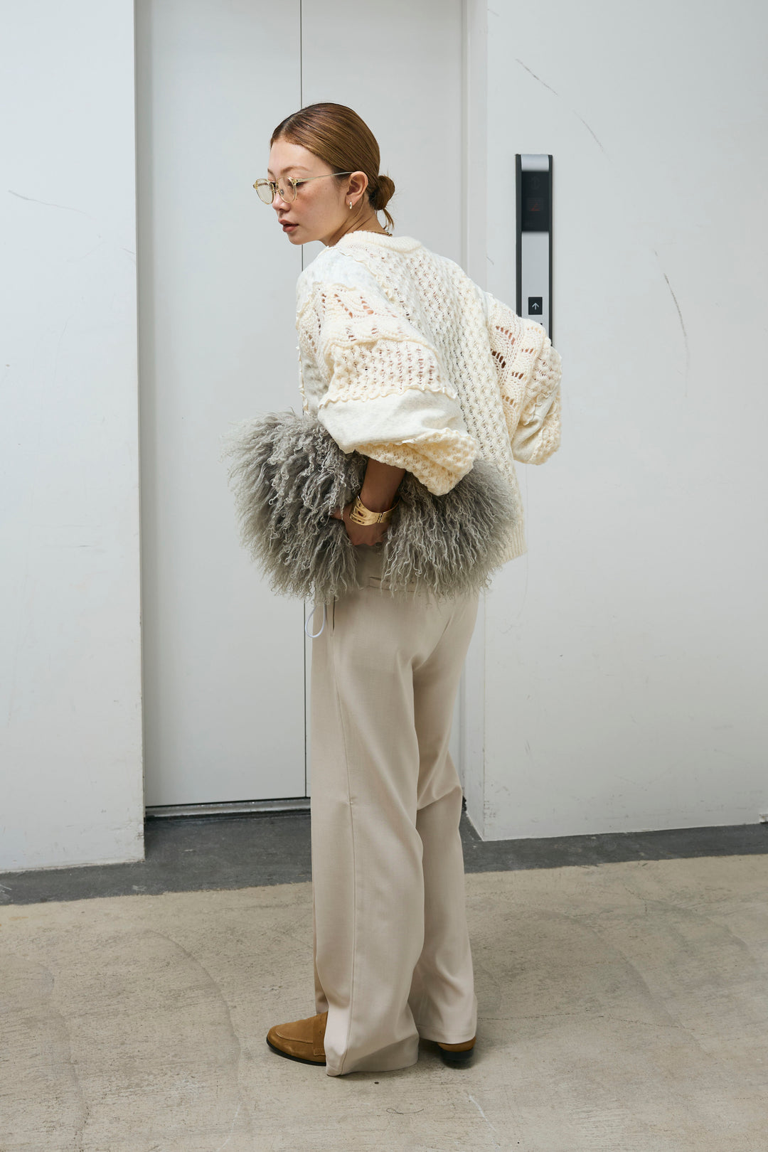 [予約/SET]メロー袖ボリューム配色ニット+センタースリットパンツ(2set)