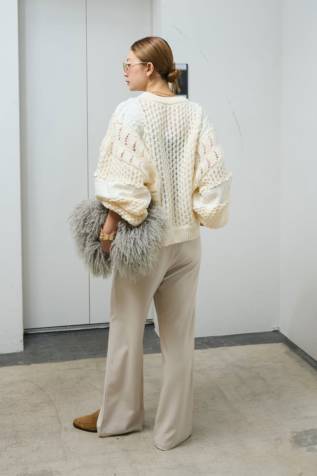 [予約/SET]メロー袖ボリューム配色ニット+センタースリットパンツ(2set)