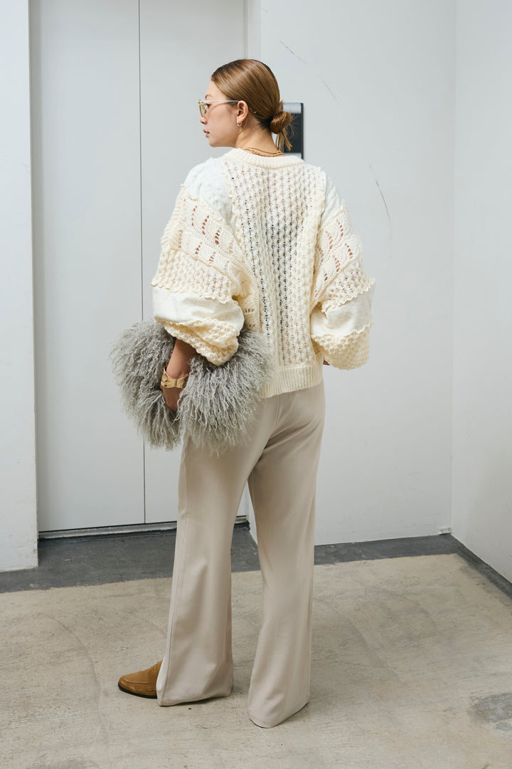 [予約/SET]メロー袖ボリューム配色ニット+センタースリットパンツ(2set)