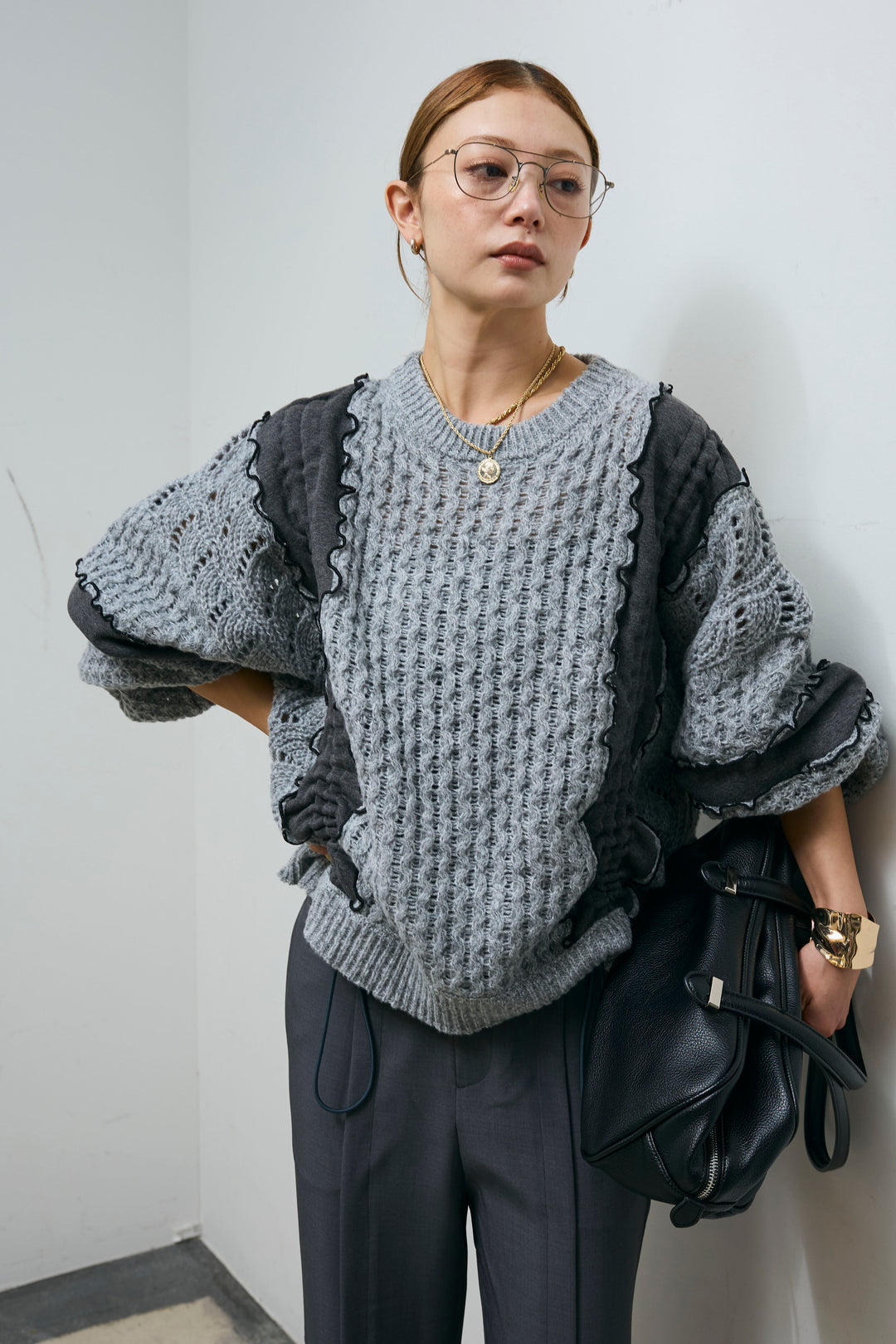 [予約/SET]メロー袖ボリューム配色ニット+センタースリットパンツ(2set)