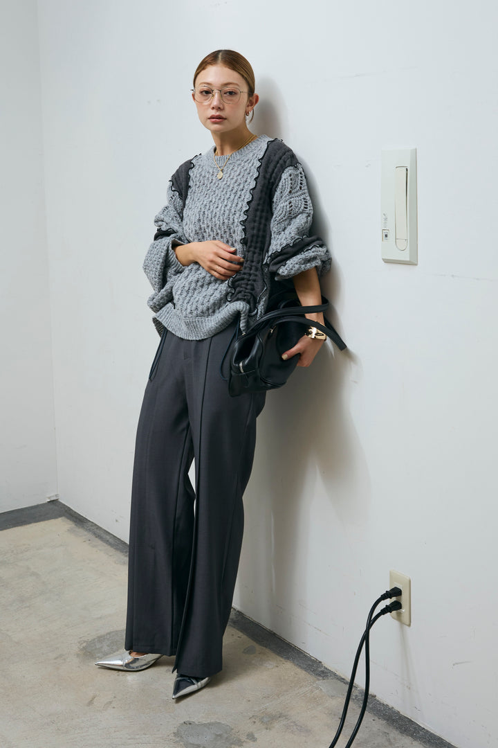 [予約/SET]メロー袖ボリューム配色ニット+センタースリットパンツ(2set)