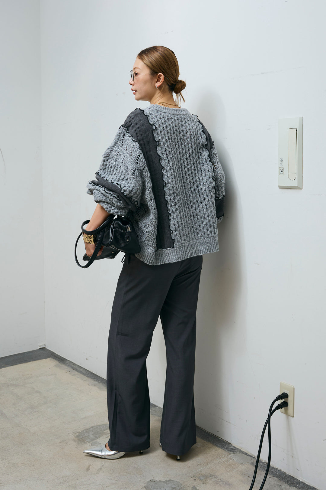 [予約/SET]メロー袖ボリューム配色ニット+センタースリットパンツ(2set)