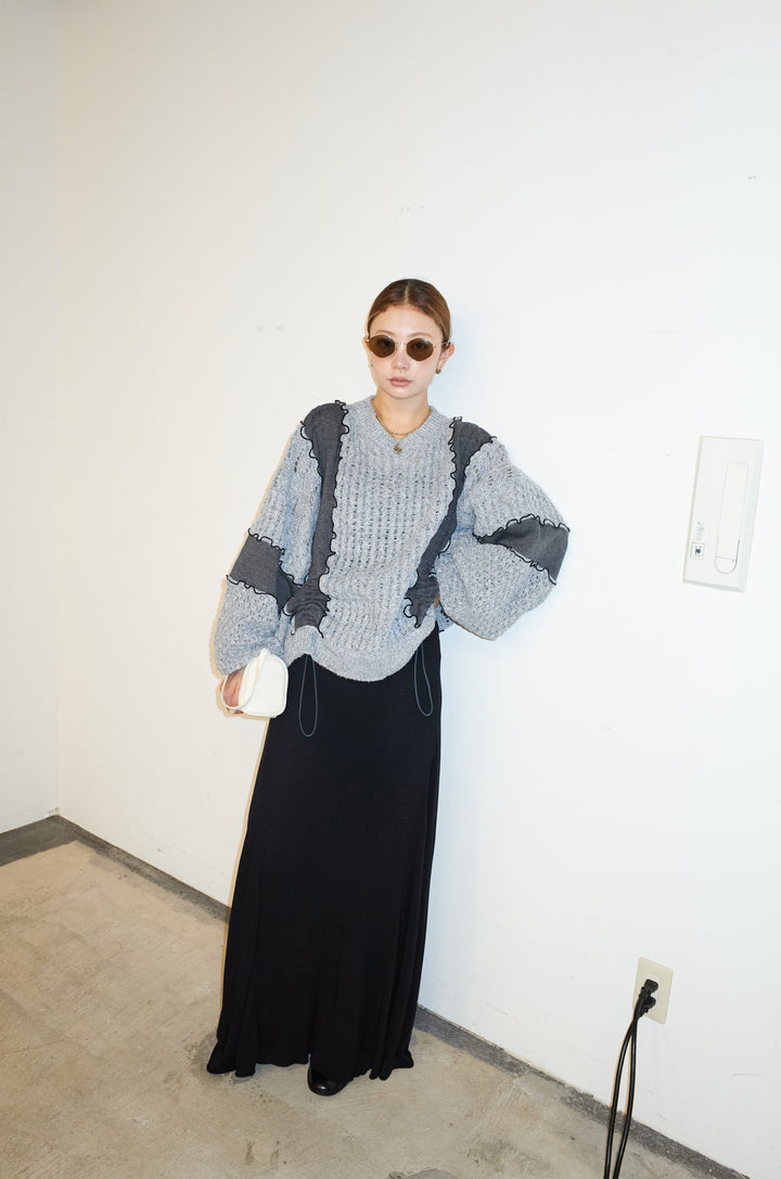 [予約/SET]メロー袖ボリューム配色ニット+切り替えリブニットロングスカート(2set)