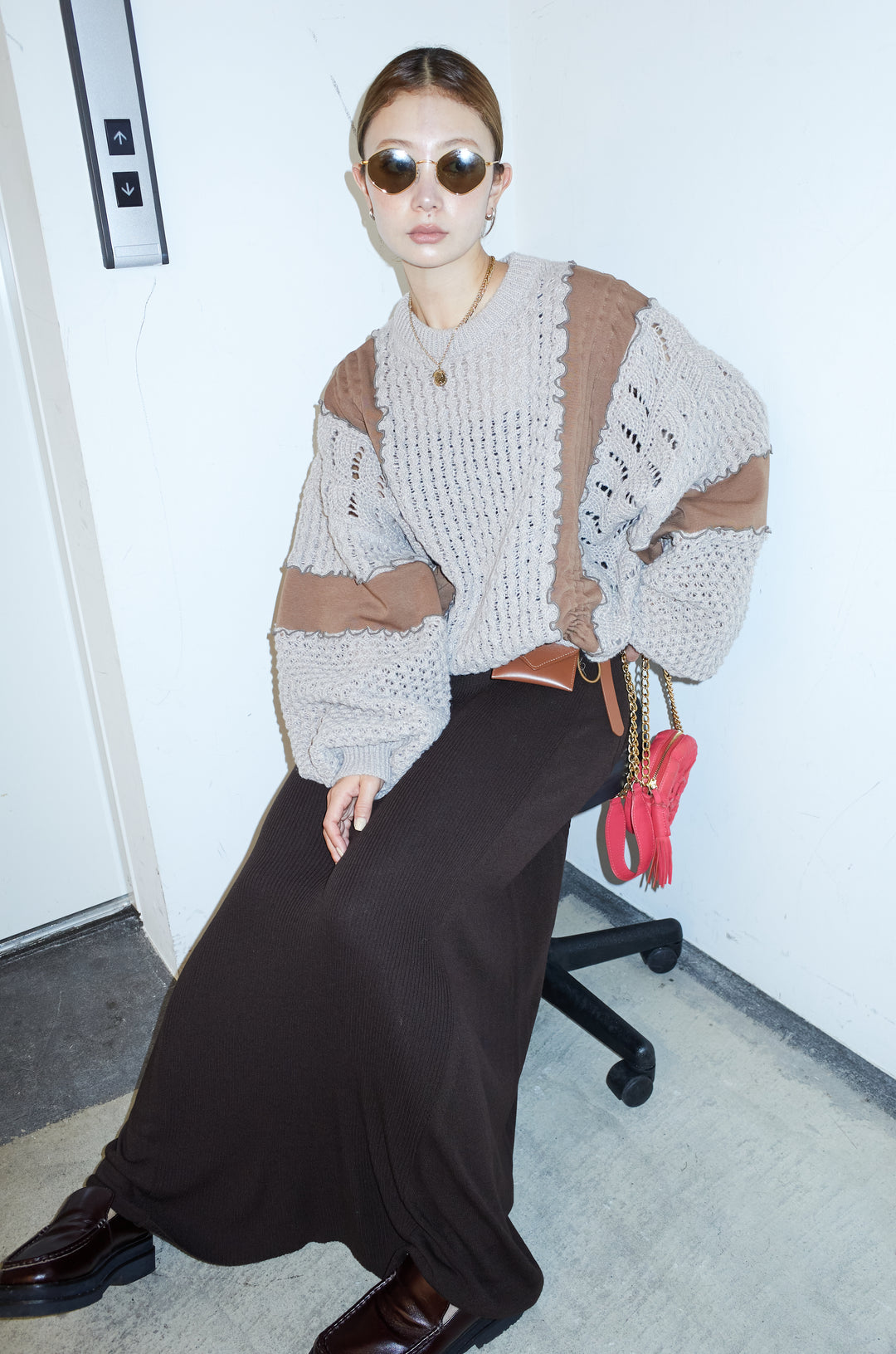 [予約/SET]メロー袖ボリューム配色ニット+切り替えリブニットロングスカート(2set)