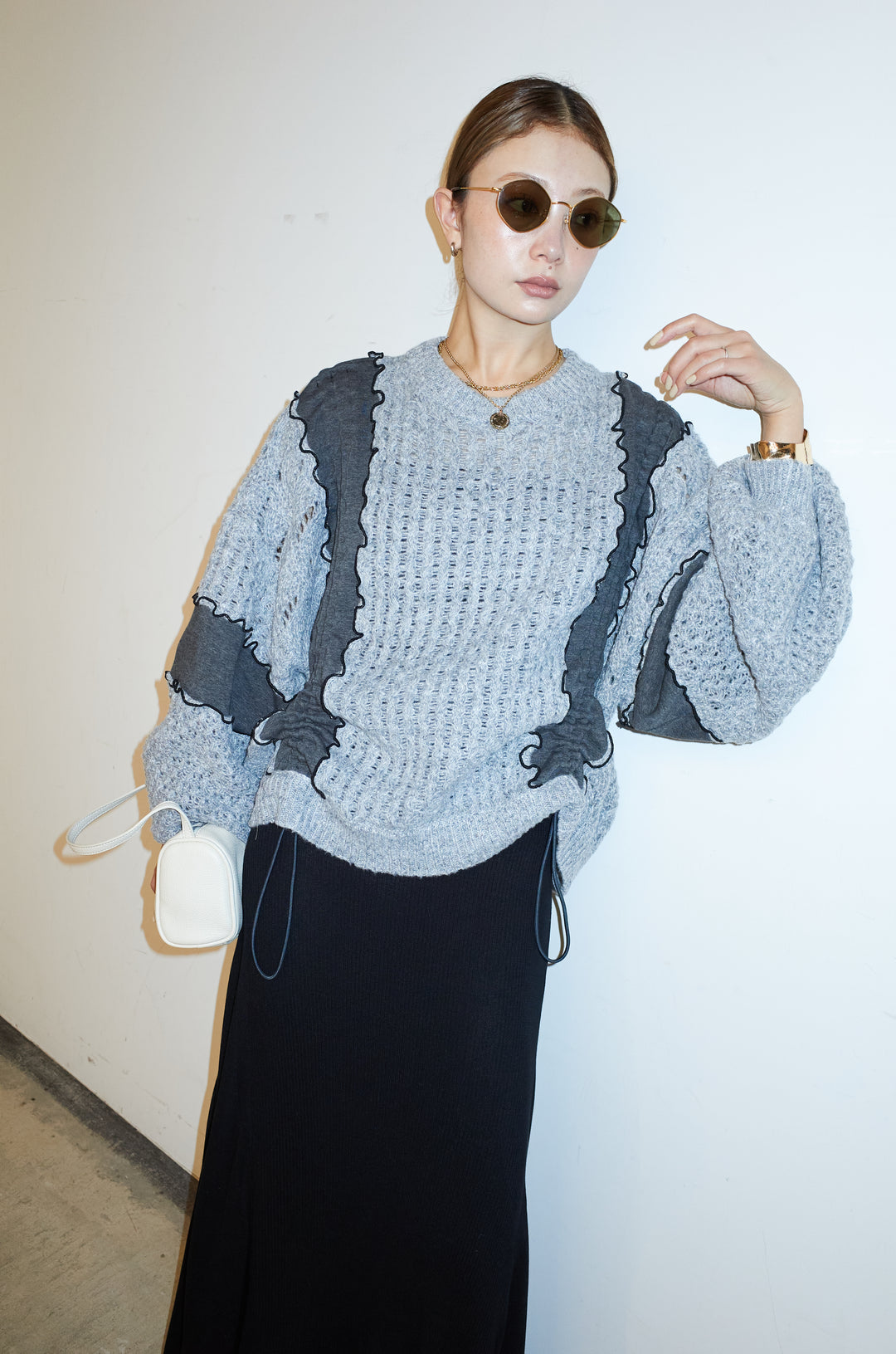 [予約/SET]メロー袖ボリューム配色ニット+切り替えリブニットロングスカート(2set)