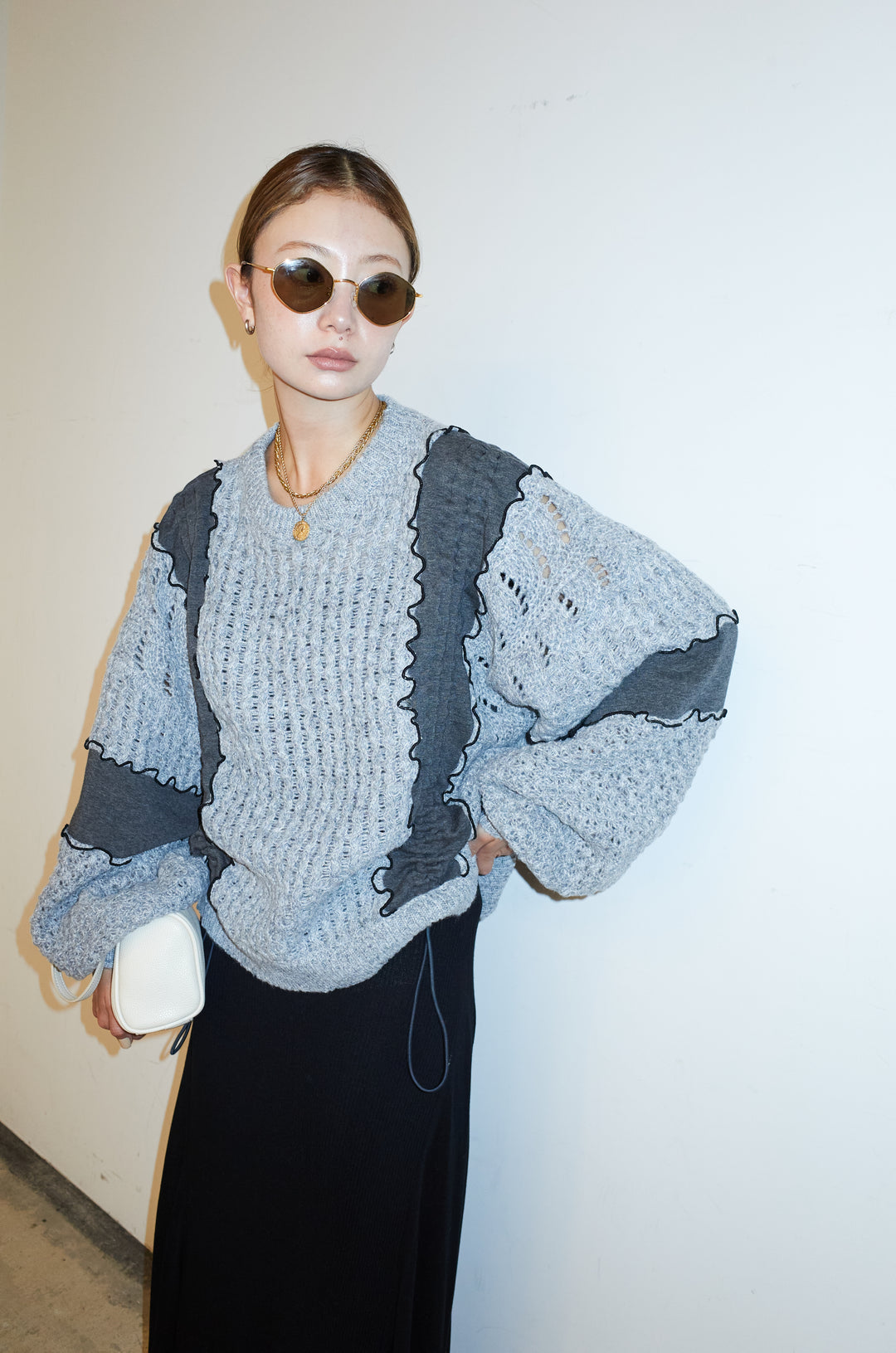 [予約/SET]メロー袖ボリューム配色ニット+切り替えリブニットロングスカート(2set)