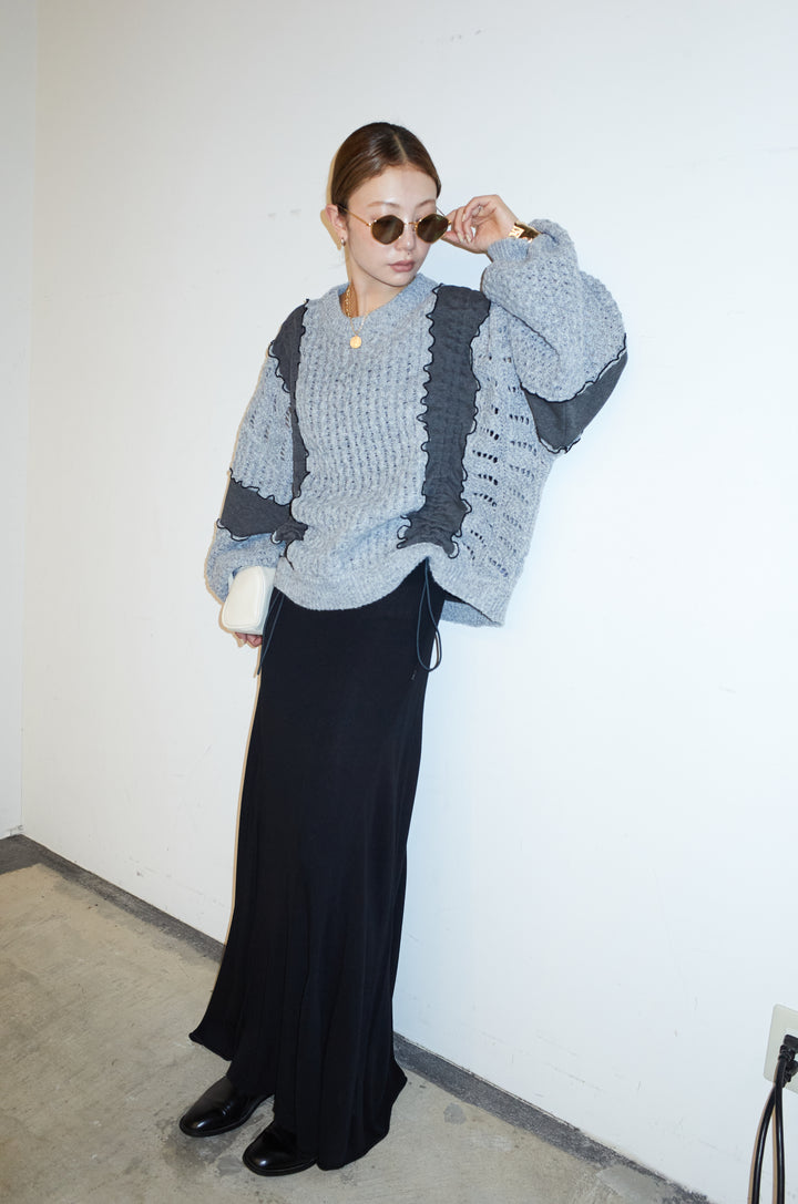 [予約/SET]メロー袖ボリューム配色ニット+切り替えリブニットロングスカート(2set)