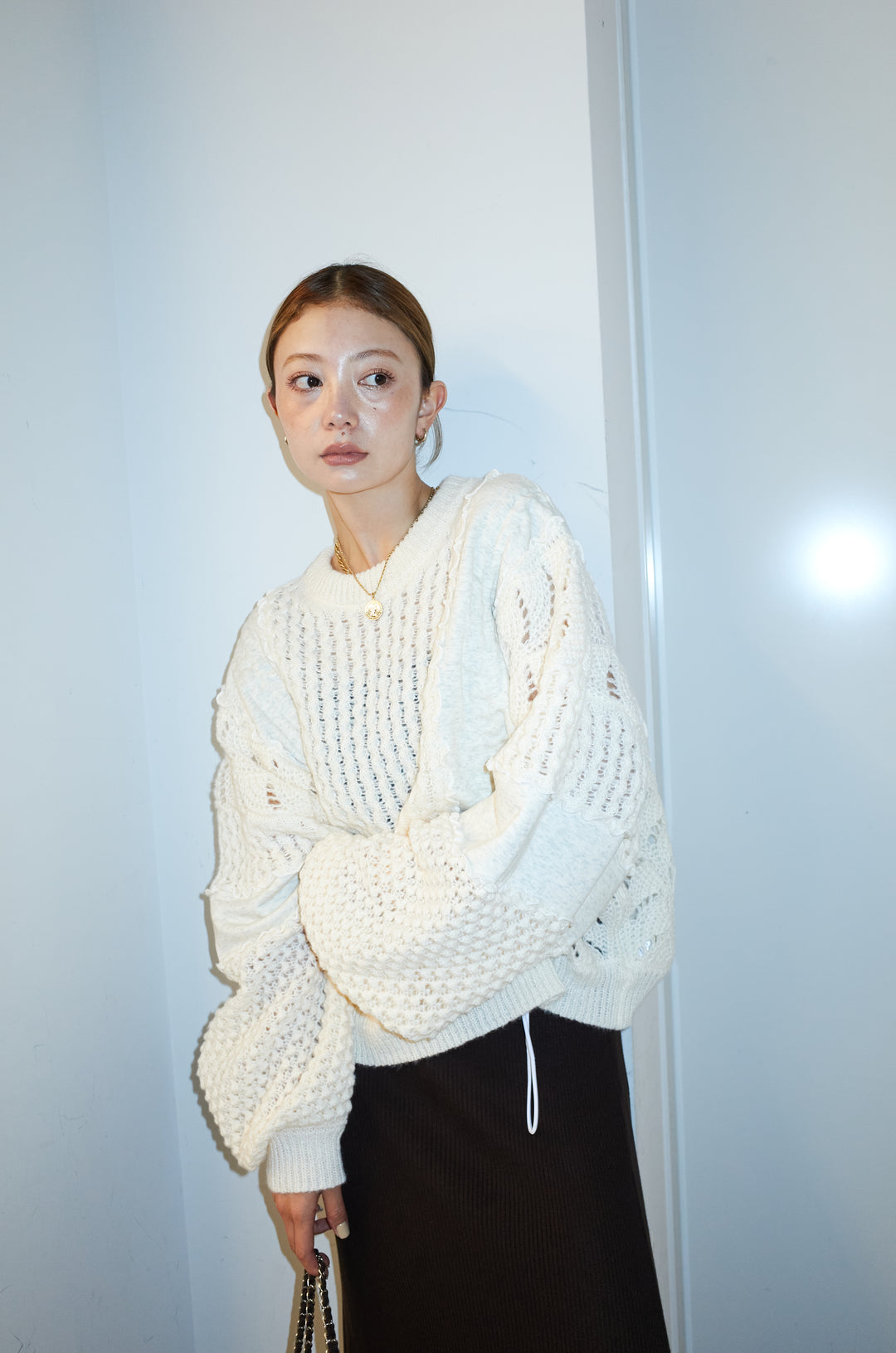 [予約/SET]メロー袖ボリューム配色ニット+切り替えリブニットロングスカート(2set)