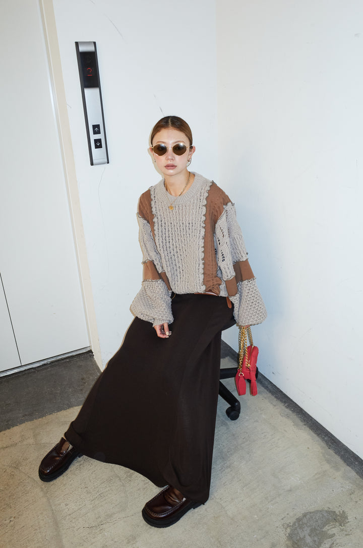 [予約/SET]メロー袖ボリューム配色ニット+切り替えリブニットロングスカート(2set)