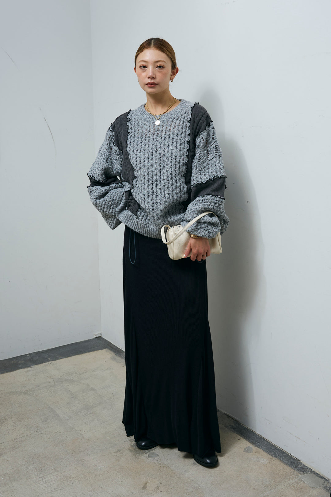 [予約/SET]メロー袖ボリューム配色ニット+切り替えリブニットロングスカート(2set)