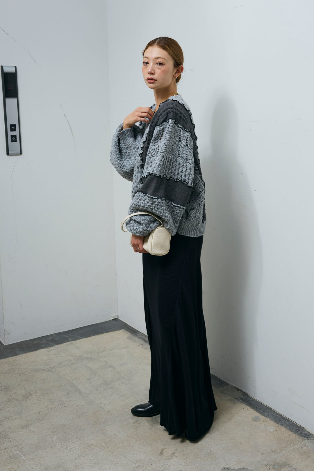 [予約/SET]メロー袖ボリューム配色ニット+切り替えリブニットロングスカート(2set)