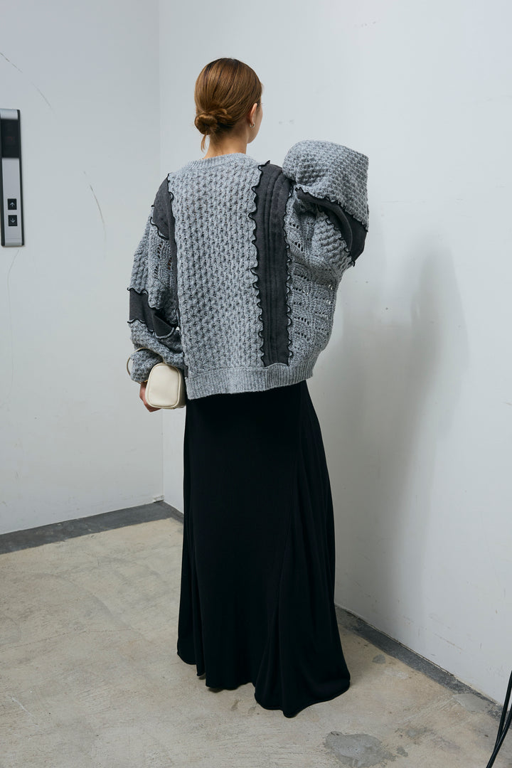 [予約/SET]メロー袖ボリューム配色ニット+切り替えリブニットロングスカート(2set)