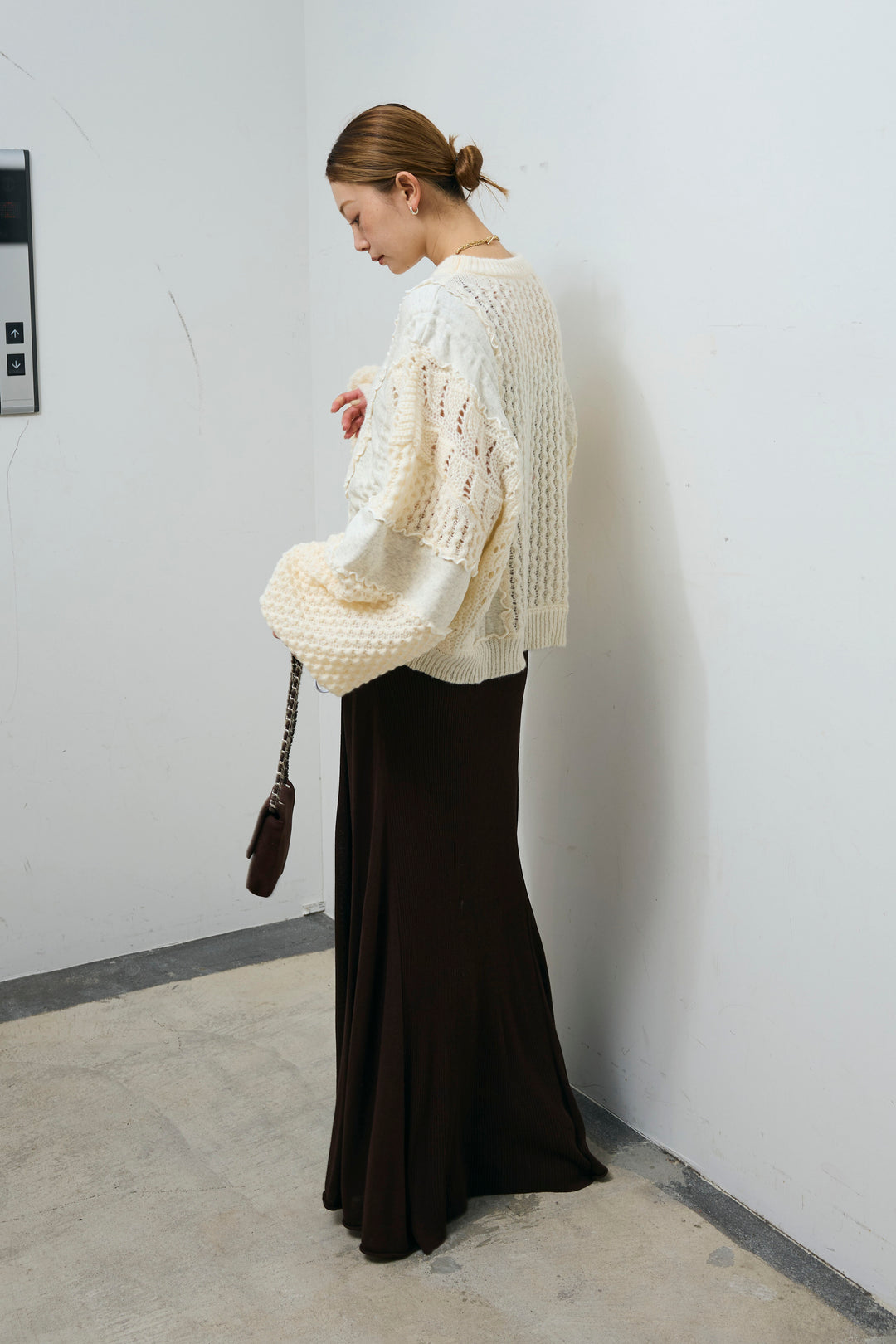 [予約/SET]メロー袖ボリューム配色ニット+切り替えリブニットロングスカート(2set)