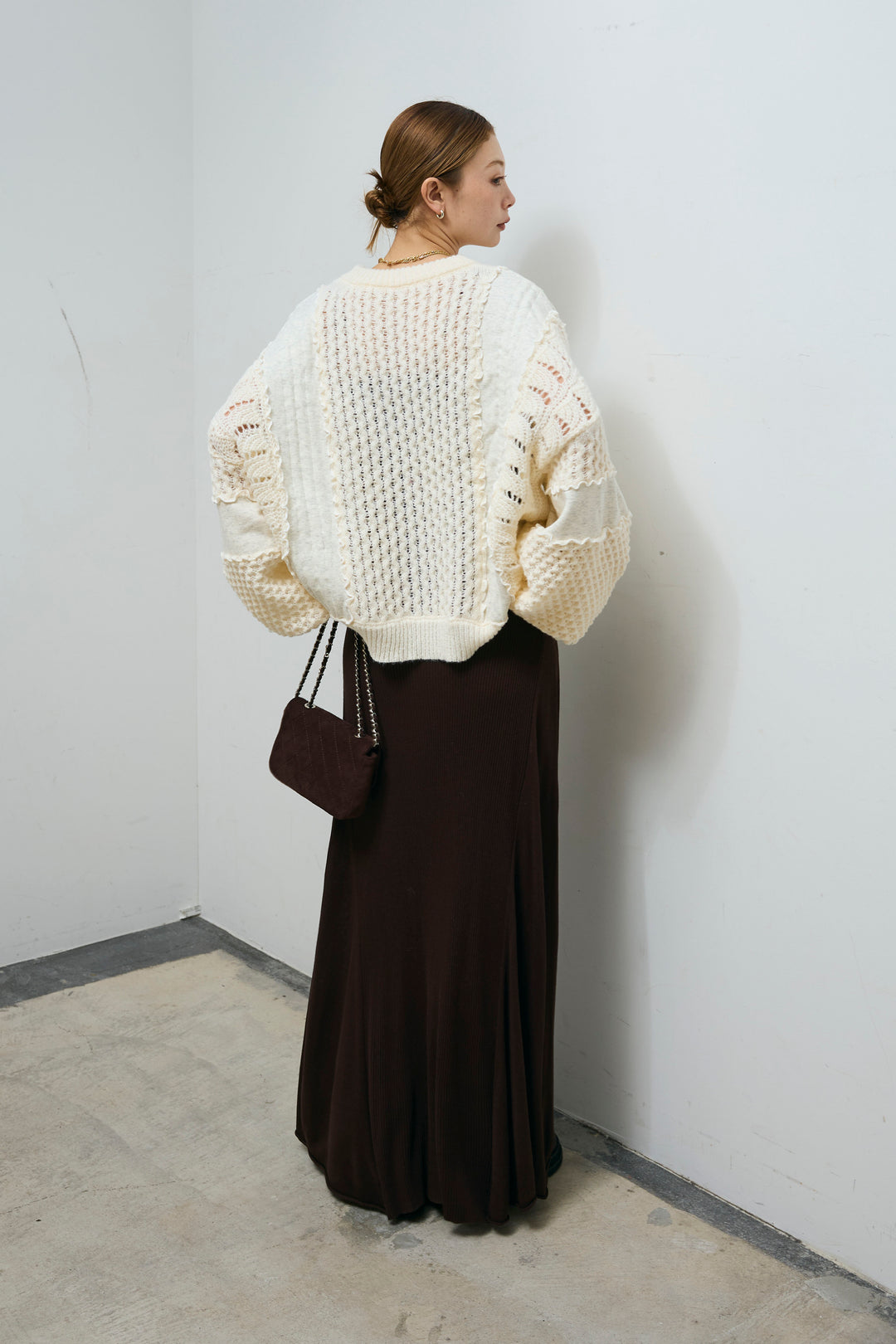 [予約/SET]メロー袖ボリューム配色ニット+切り替えリブニットロングスカート(2set)