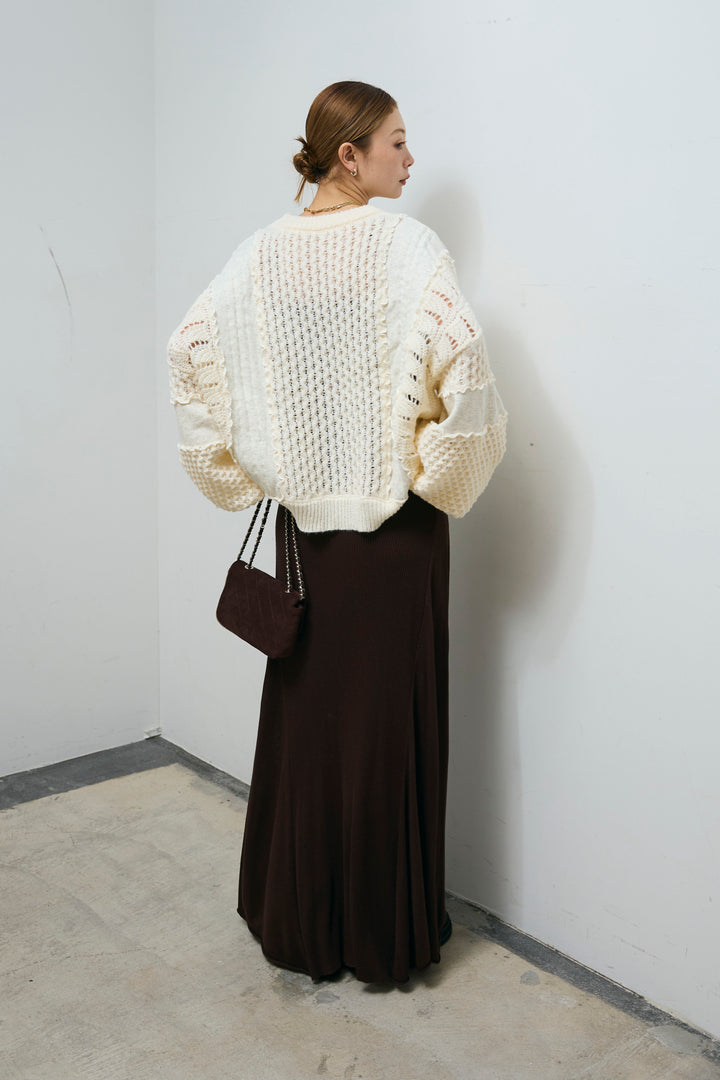 [予約/SET]メロー袖ボリューム配色ニット+切り替えリブニットロングスカート(2set)