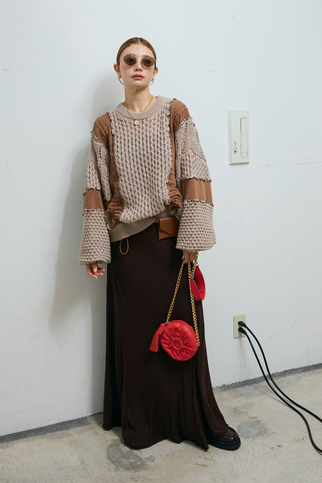 [予約/SET]メロー袖ボリューム配色ニット+切り替えリブニットロングスカート(2set)