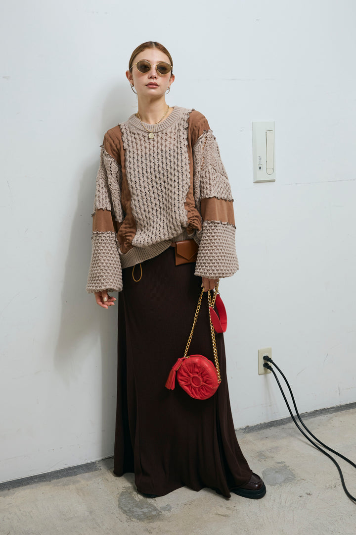 [予約/SET]メロー袖ボリューム配色ニット+切り替えリブニットロングスカート(2set)