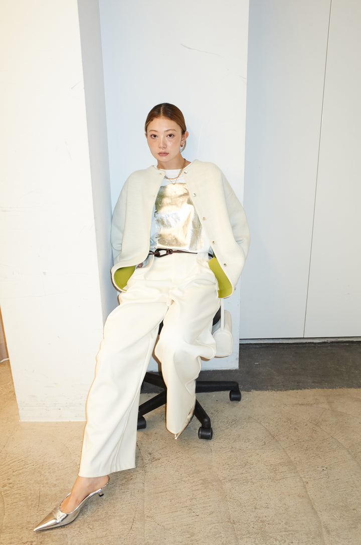 [予約/SET]ダブルフェイス配色ニットコート+フェイクレザーベルト付きワイドタックパンツ(2set)