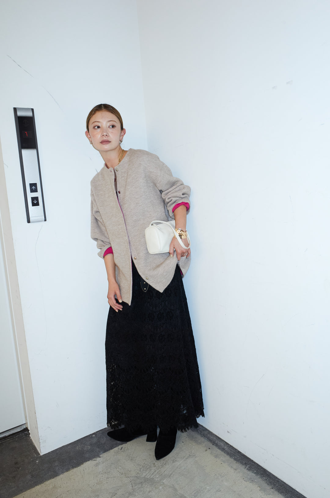 [予約/SET]ダブルフェイス配色ニットコート+レース刺繍ロングスカート(2set)