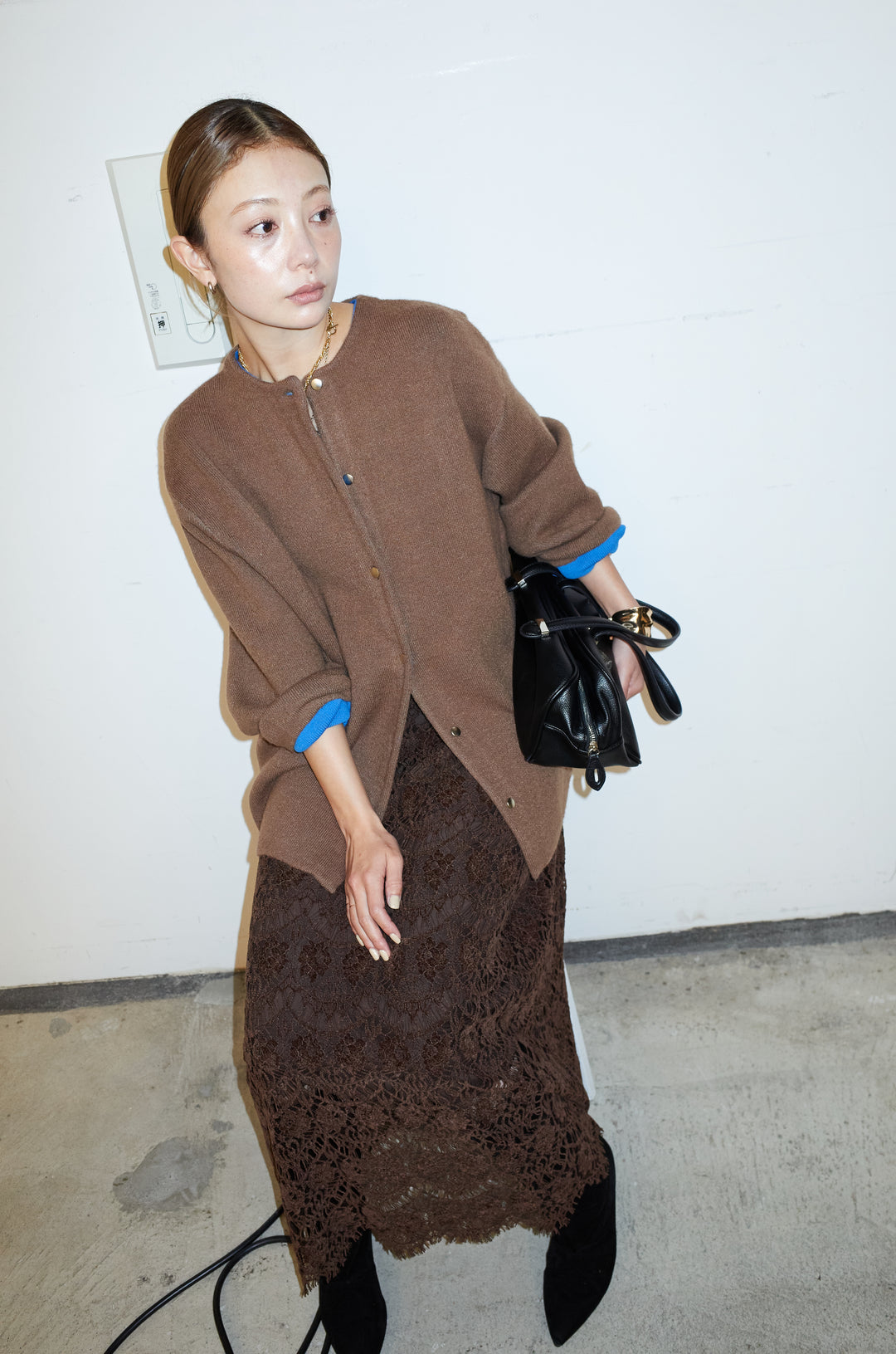 [予約/SET]ダブルフェイス配色ニットコート+レース刺繍ロングスカート(2set)