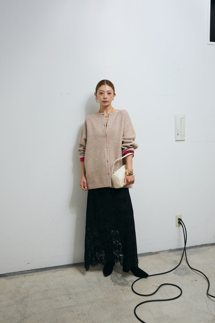 [予約/SET]ダブルフェイス配色ニットコート+レース刺繍ロングスカート(2set)