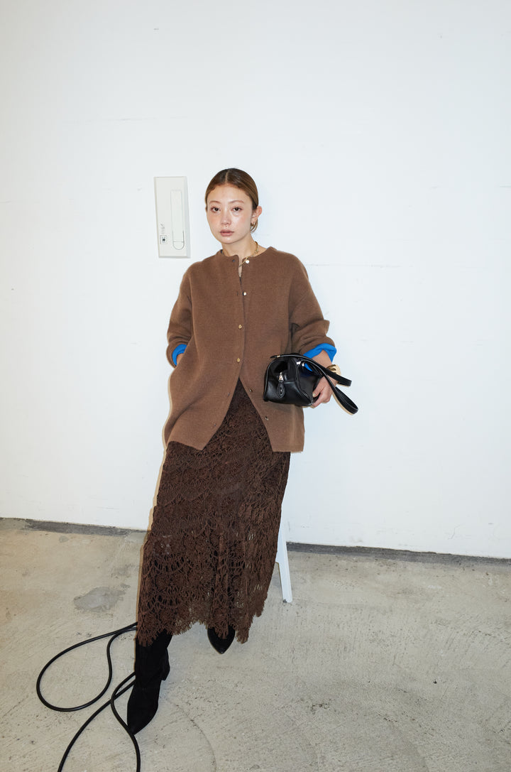 [予約/SET]ダブルフェイス配色ニットコート+レース刺繍ロングスカート(2set)