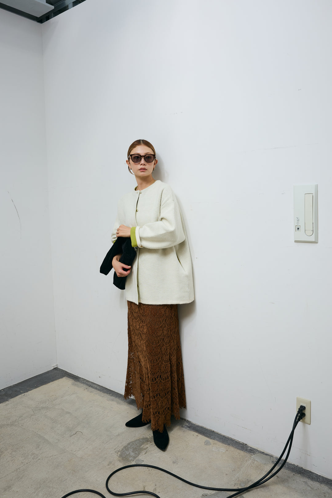 [予約/SET]ダブルフェイス配色ニットコート+レース刺繍ロングスカート(2set)