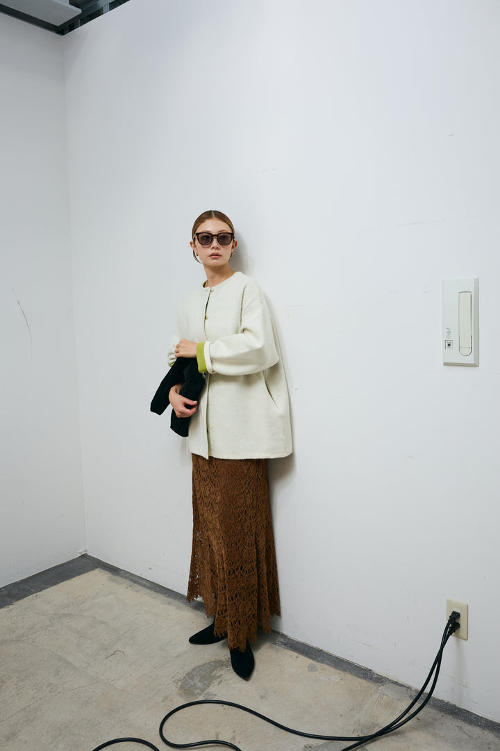 [予約/SET]ダブルフェイス配色ニットコート+レース刺繍ロングスカート(2set)