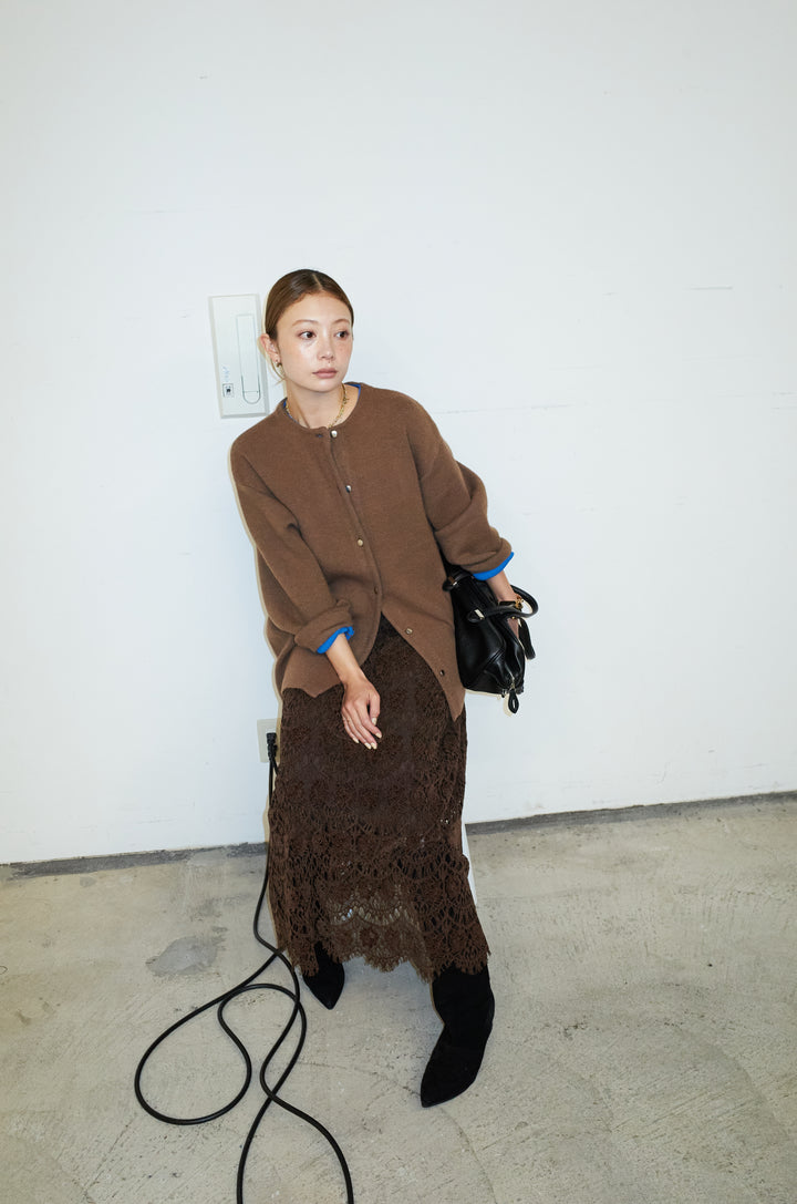 [予約/SET]ダブルフェイス配色ニットコート+レース刺繍ロングスカート(2set)