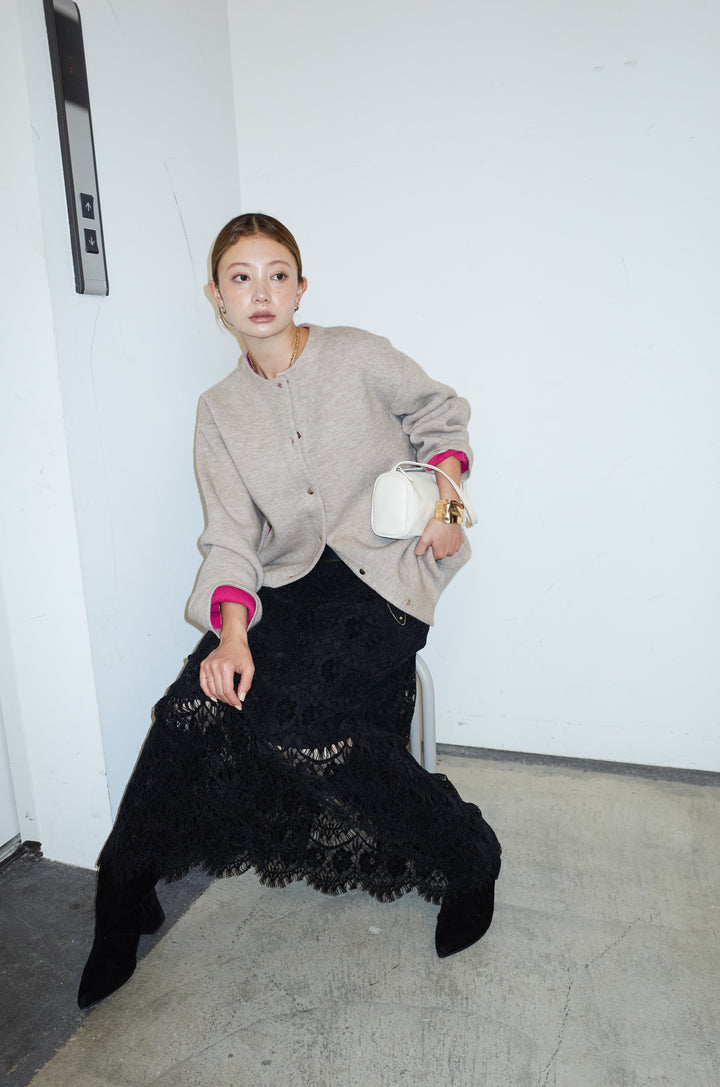 [予約/SET]ダブルフェイス配色ニットコート+レース刺繍ロングスカート(2set)