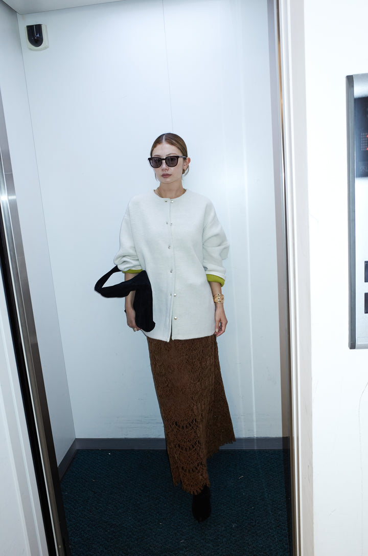 [予約/SET]ダブルフェイス配色ニットコート+レース刺繍ロングスカート(2set)