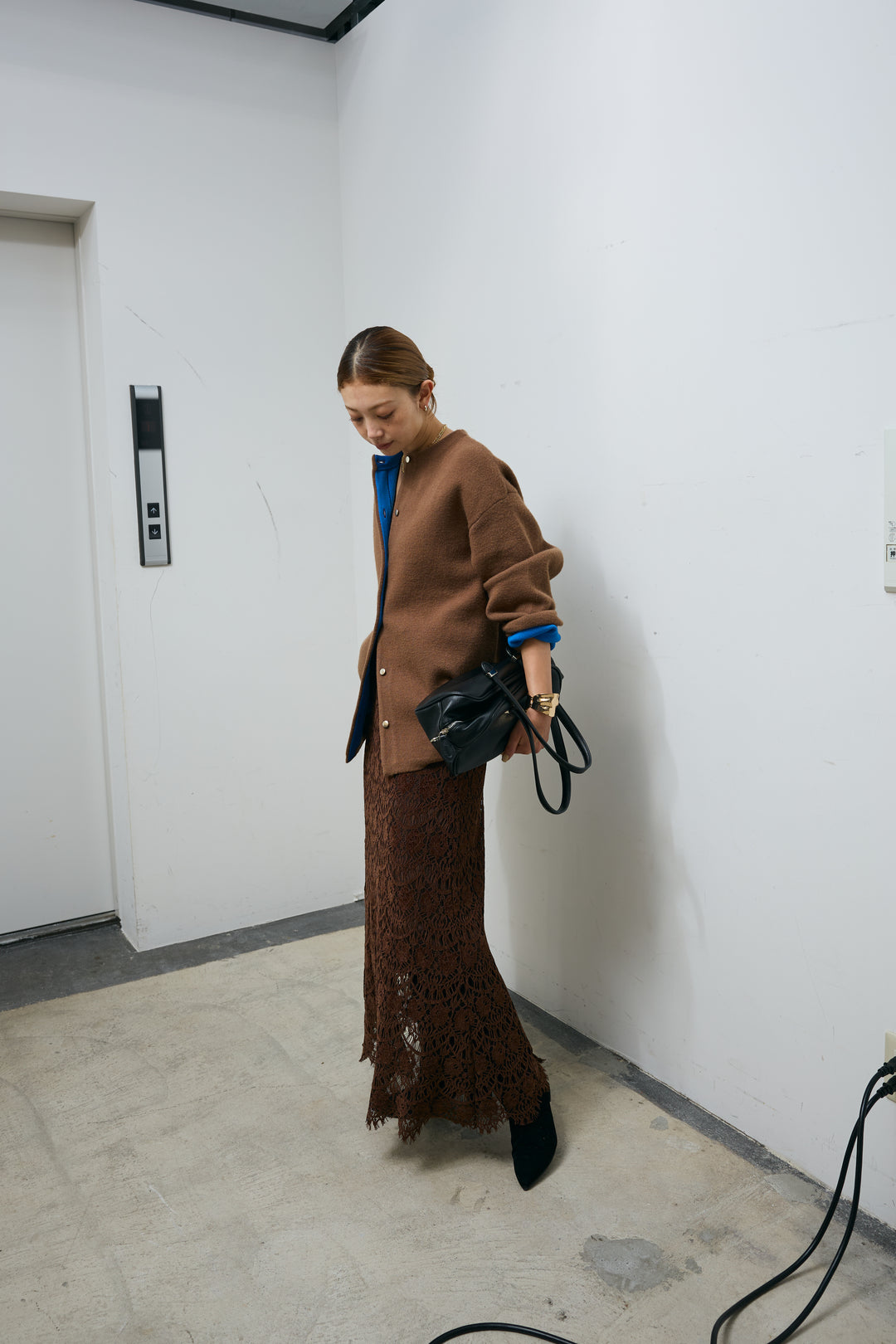 [予約/SET]ダブルフェイス配色ニットコート+レース刺繍ロングスカート(2set)