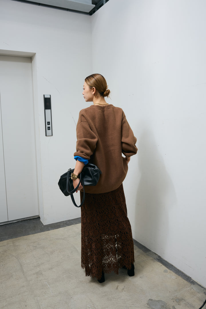 [予約/SET]ダブルフェイス配色ニットコート+レース刺繍ロングスカート(2set)