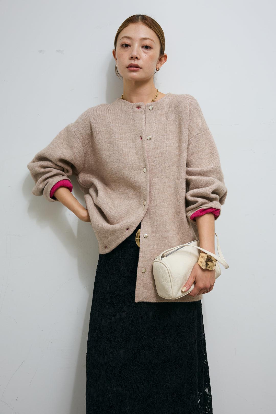 [予約/SET]ダブルフェイス配色ニットコート+レース刺繍ロングスカート(2set)