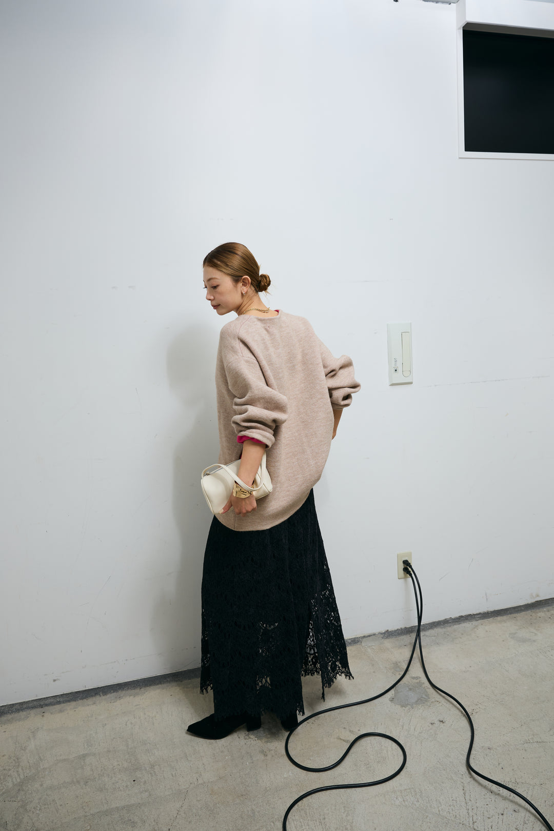 [予約/SET]ダブルフェイス配色ニットコート+レース刺繍ロングスカート(2set)