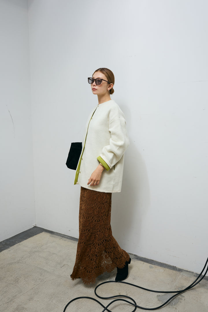 [予約/SET]ダブルフェイス配色ニットコート+レース刺繍ロングスカート(2set)