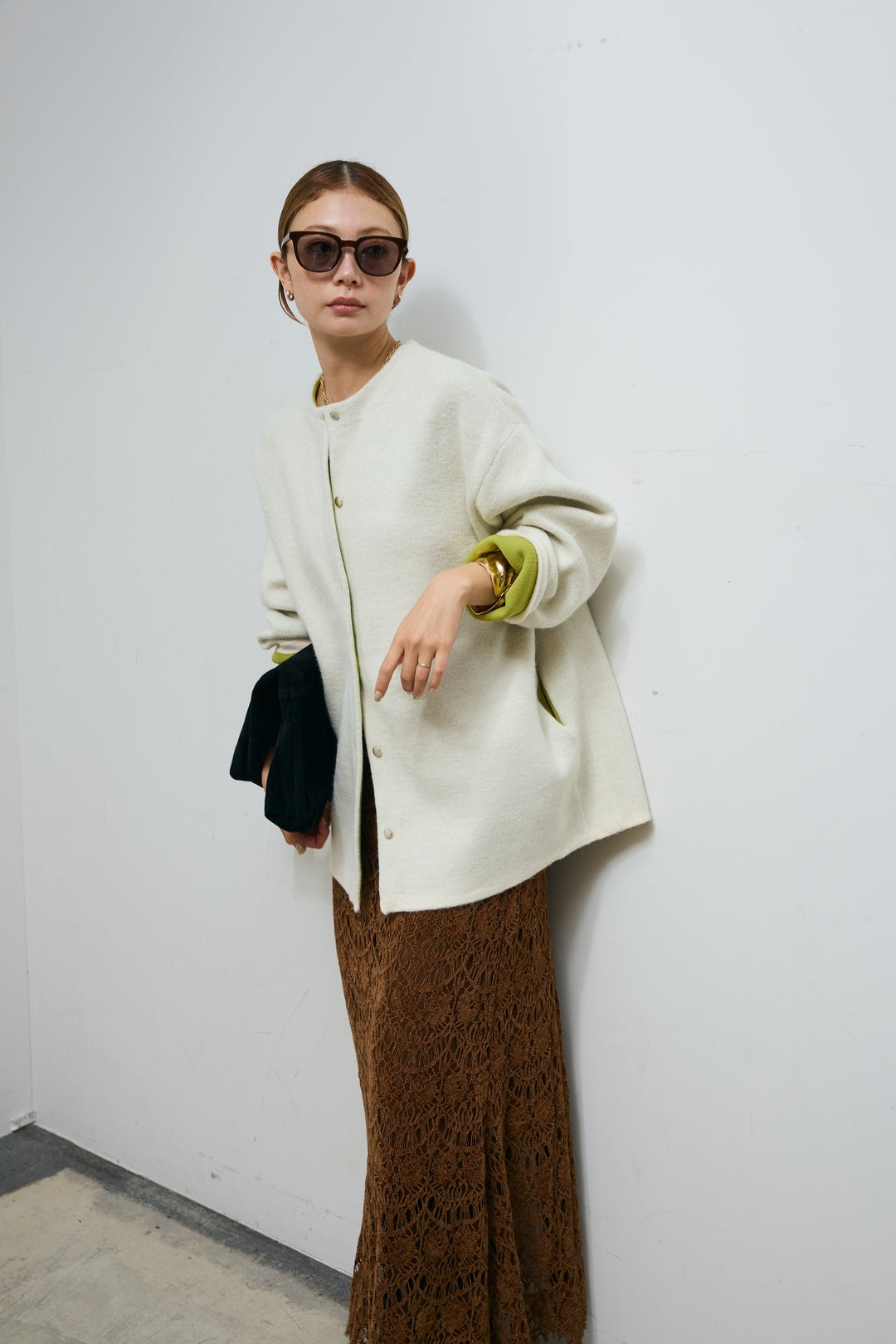 [予約/SET]ダブルフェイス配色ニットコート+レース刺繍ロングスカート(2set)