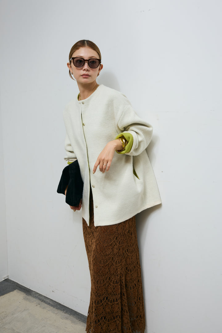 [予約/SET]ダブルフェイス配色ニットコート+レース刺繍ロングスカート(2set)