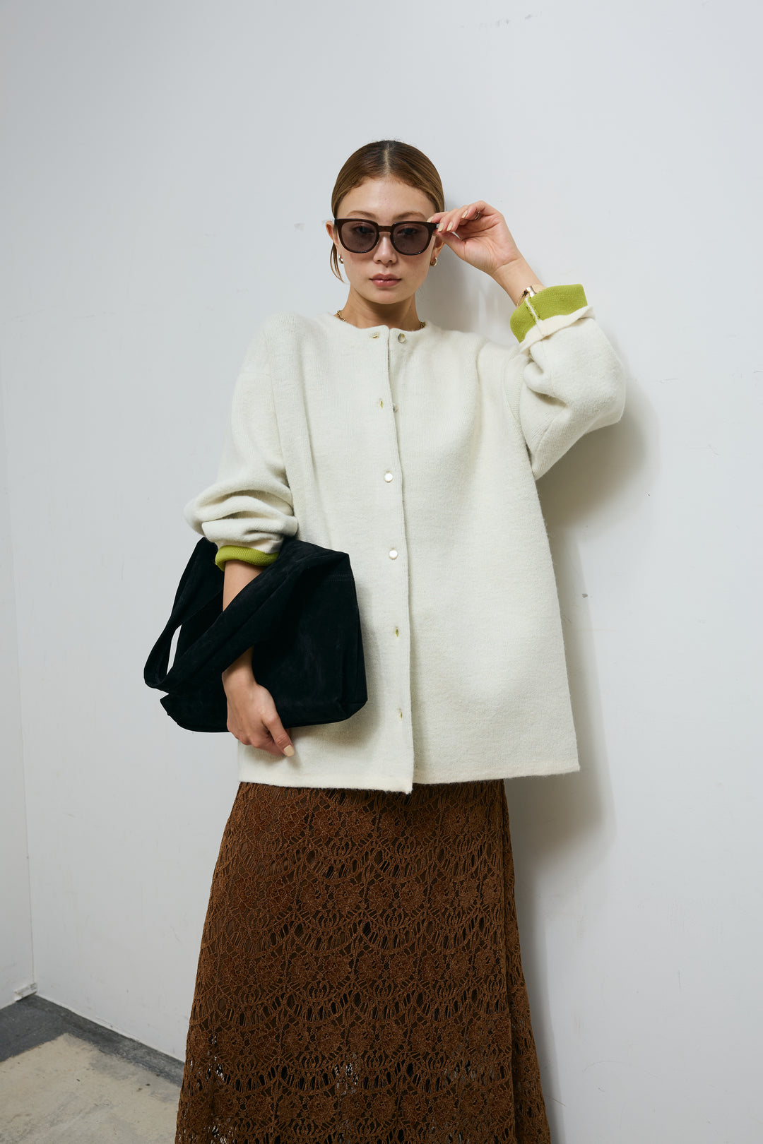 [予約/SET]ダブルフェイス配色ニットコート+レース刺繍ロングスカート(2set)