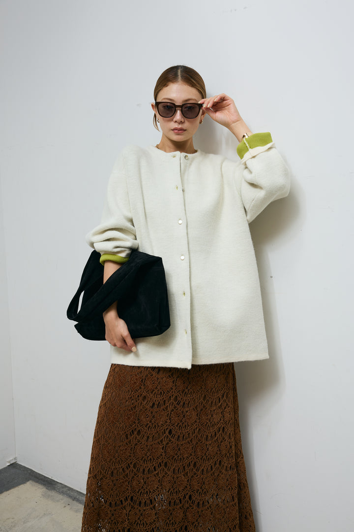 [予約/SET]ダブルフェイス配色ニットコート+レース刺繍ロングスカート(2set)